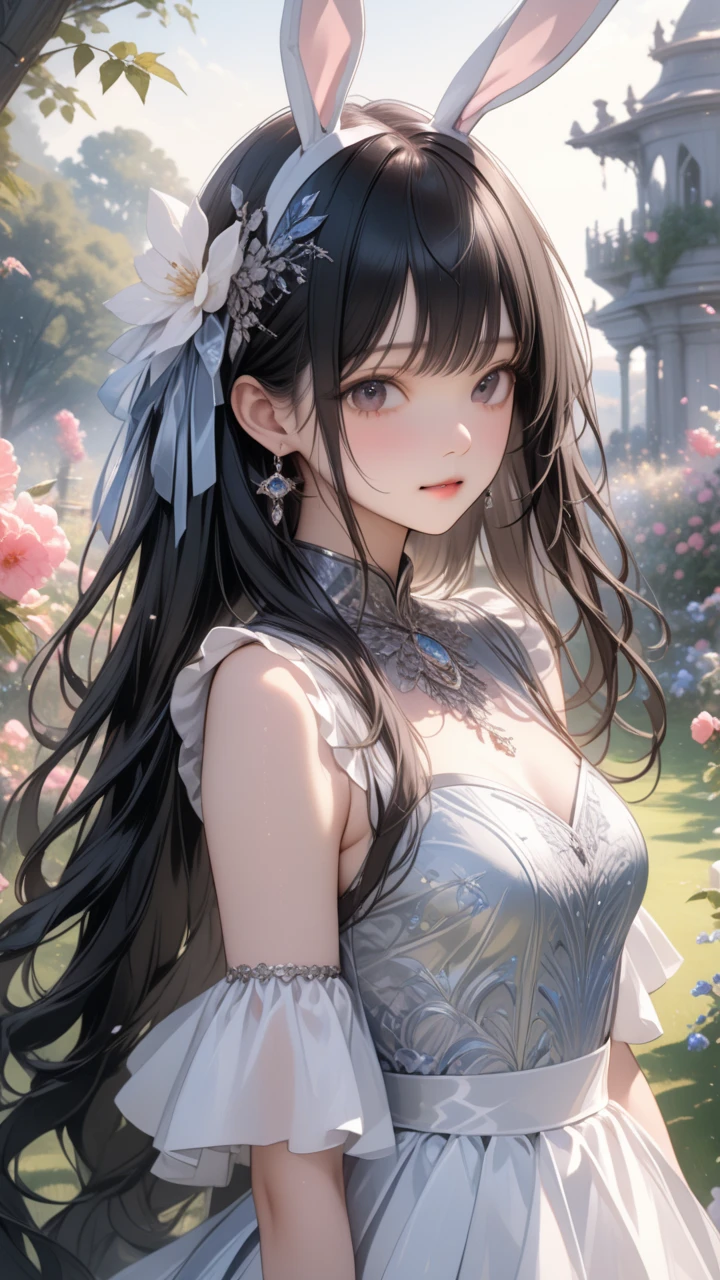  One Girl , Bunny Ears , (Delicate and beautiful silvery long hair:1.5,  Silver Hair:1.5), A variety of decorative clothes, Beautiful ornaments,  skirt ,  upper body, Outdoors, garden, flower,  on the lawn,  Watch Viewers , (masterpiece), ( top quality), ( ultra detail), Perfect piece, Moist Skin,  detailed information on dark black hair,  mysterious in another dimension, fantasy,Golden Bracelet\Upper arms