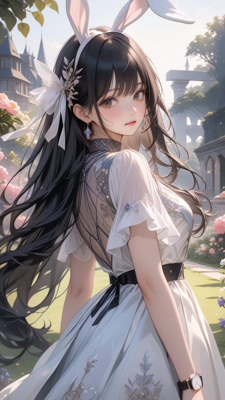  One Girl , Bunny Ears , (Delicate and beautiful silvery long hair:1.5,  Silver Hair:1.5), A variety of decorative clothes, Beautiful ornaments,  skirt ,  upper body, Outdoors, garden, flower,  on the lawn,  Watch Viewers , (masterpiece), ( top quality), ( ultra detail), Perfect piece, Moist Skin,  detailed information on dark black hair,  mysterious in another dimension, fantasy,Golden Bracelet\Upper arms