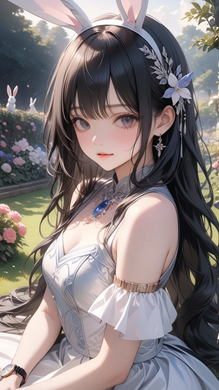  One Girl , Bunny Ears , Delicate and beautiful silvery long hair, A variety of decorative clothes, Beautiful ornaments,  skirt ,  upper body, Outdoors, garden, flower,  on the lawn,  Watch Viewers , (masterpiece), ( top quality), ( ultra detail), Perfect piece, Moist Skin,  detailed information on dark black hair,  mysterious in another dimension, fantasy,