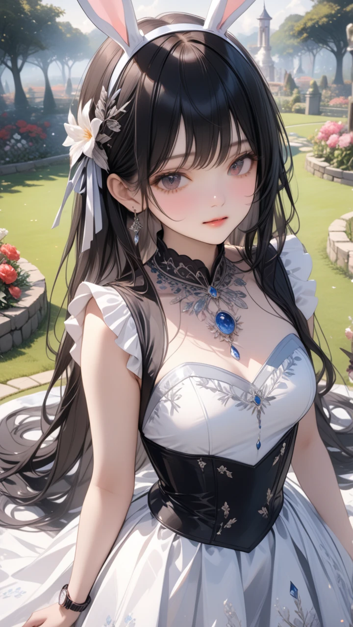  One Girl , Bunny Ears , (Delicate and beautiful silvery long hair:1.5,  Silver Hair:1.5), A variety of decorative clothes, Beautiful ornaments,  skirt ,  upper body, Outdoors, garden, flower,  on the lawn,  Watch Viewers , (masterpiece), ( top quality), ( ultra detail), Perfect piece, Moist Skin,  detailed information on dark black hair,  mysterious in another dimension, fantasy,Golden Bracelet\Upper arms