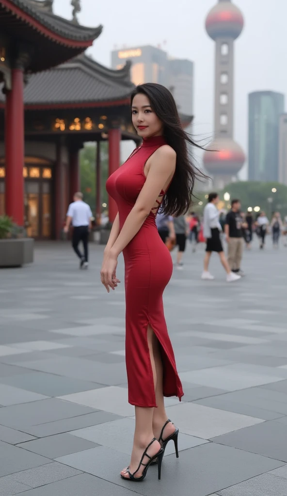 Masterpiece, best quality, stunning details, realistic photos, 1girl, long flowing hair, (high quality fair skin), big breasts, high cut cheongsam, (shiny pantyhose), long legs, high heels, full body, fashionable posture, Shanghai, (The Bund), Oriental Pearl Tower,horseoilsocks