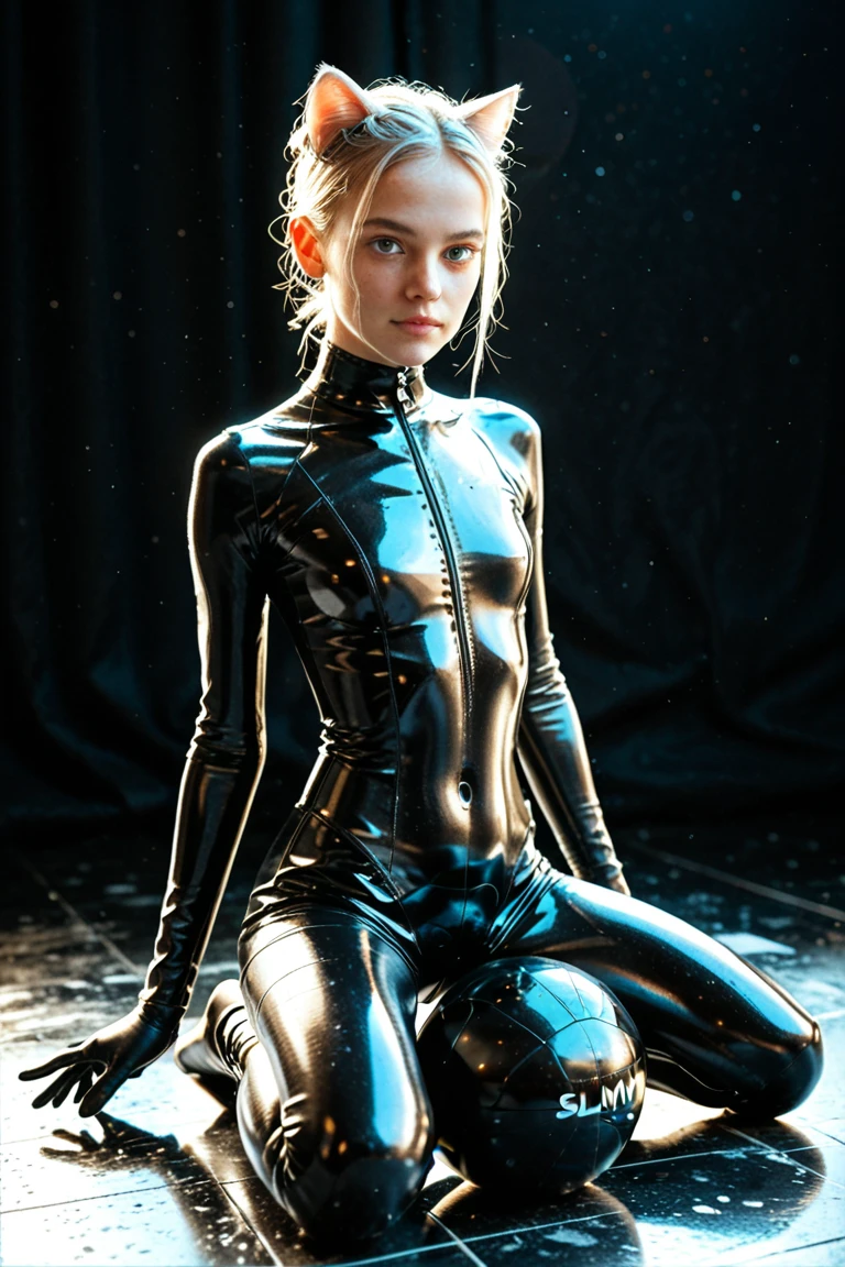 view on whole body, sitting on big black rubber ball, one teenager skinny white girl in thin oiled seamsless fullbody black catsuit, gloves, catears, slimy floor, dark background, spot light on legs