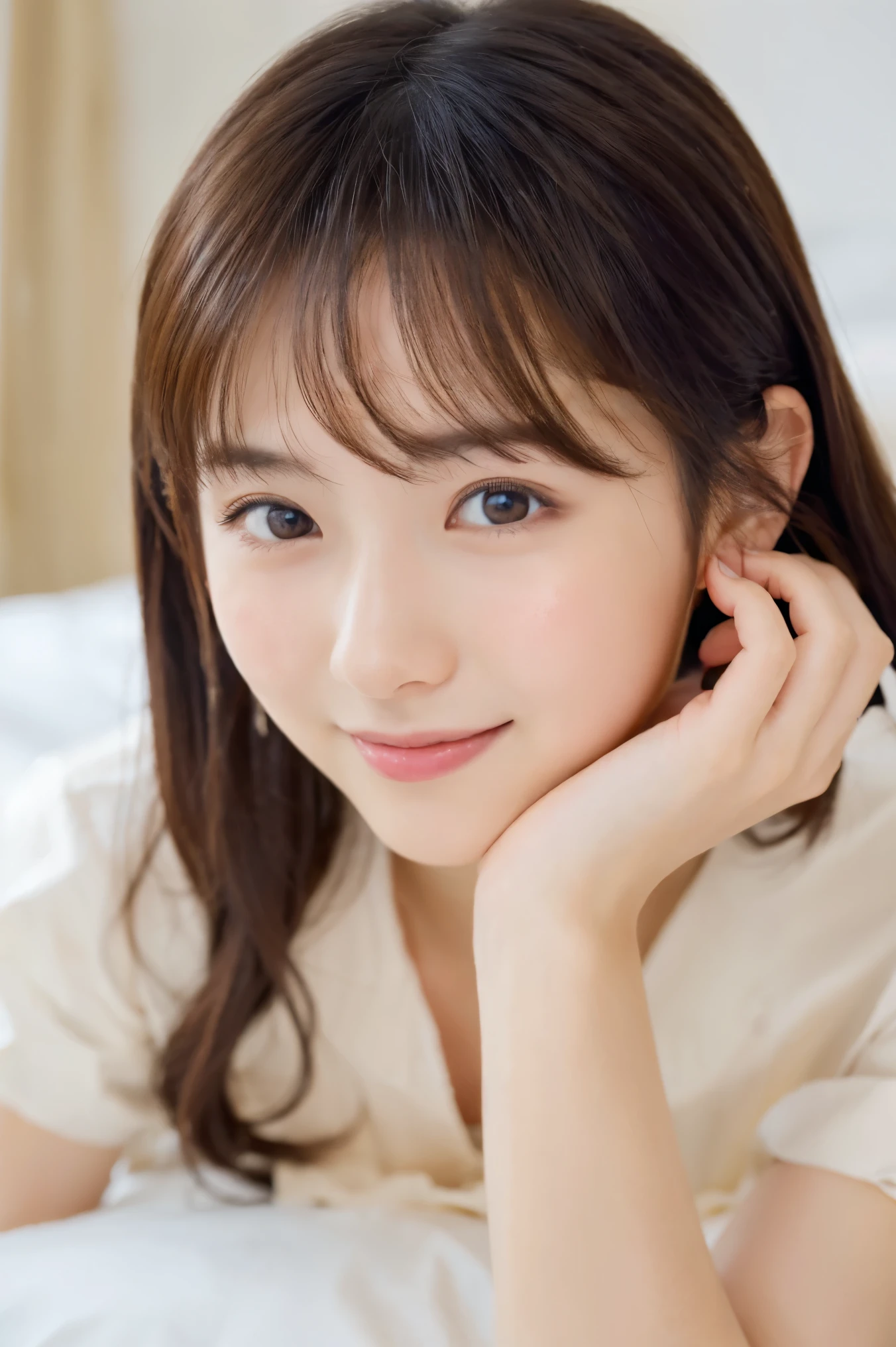  16k ultra-fine CG wallpaper ，masterpiece， Excellent picture quality ，超級Exquisite），（Excellent light ，Exquisite）， smooth skin ， bright face ， 18K close-up Perfect display ，variation，cute，Invisible Girl Dressed,f cup，Lie on a large white bed， Colorful gem-like eyes。 Full Body Photo , to show your favorite expression on your face,I want to make you happy and keep smiling,((((((Half-length portrait))))))