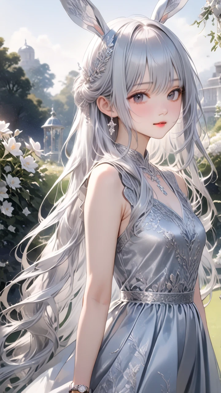  One Girl , Bunny Ears , (Delicate and beautiful silvery long hair:1.5,  Silver Hair:1.5), A variety of decorative clothes, Beautiful ornaments,  skirt ,  upper body, Outdoors, garden, flower,  on the lawn,  Watch Viewers , (masterpiece), ( top quality), ( ultra detail), Perfect piece, Moist Skin,  detailed information on dark black hair,  mysterious in another dimension, fantasy,Golden Bracelet\Upper arms