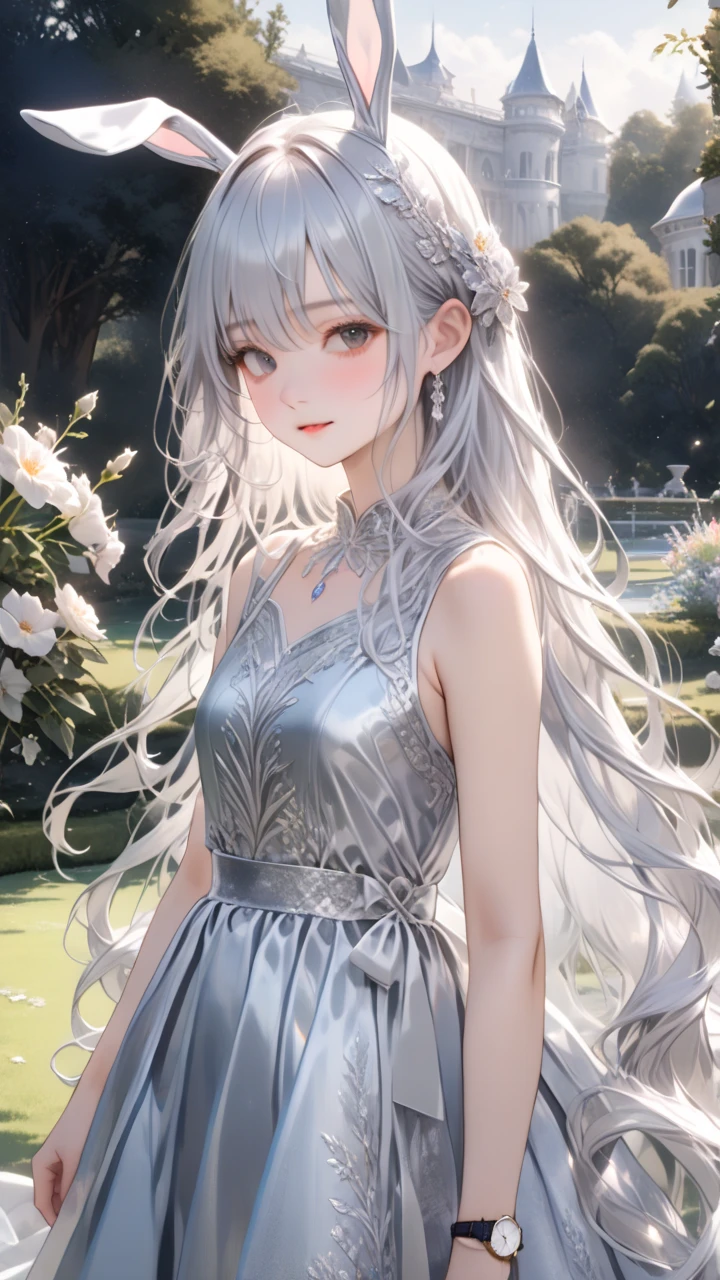  One Girl , Bunny Ears , (Delicate and beautiful silvery long hair:1.5,  Silver Hair:1.5), A variety of decorative clothes, Beautiful ornaments,  skirt ,  upper body, Outdoors, garden, flower,  on the lawn,  Watch Viewers , (masterpiece), ( top quality), ( ultra detail), Perfect piece, Moist Skin,  detailed information on dark black hair,  mysterious in another dimension, fantasy,