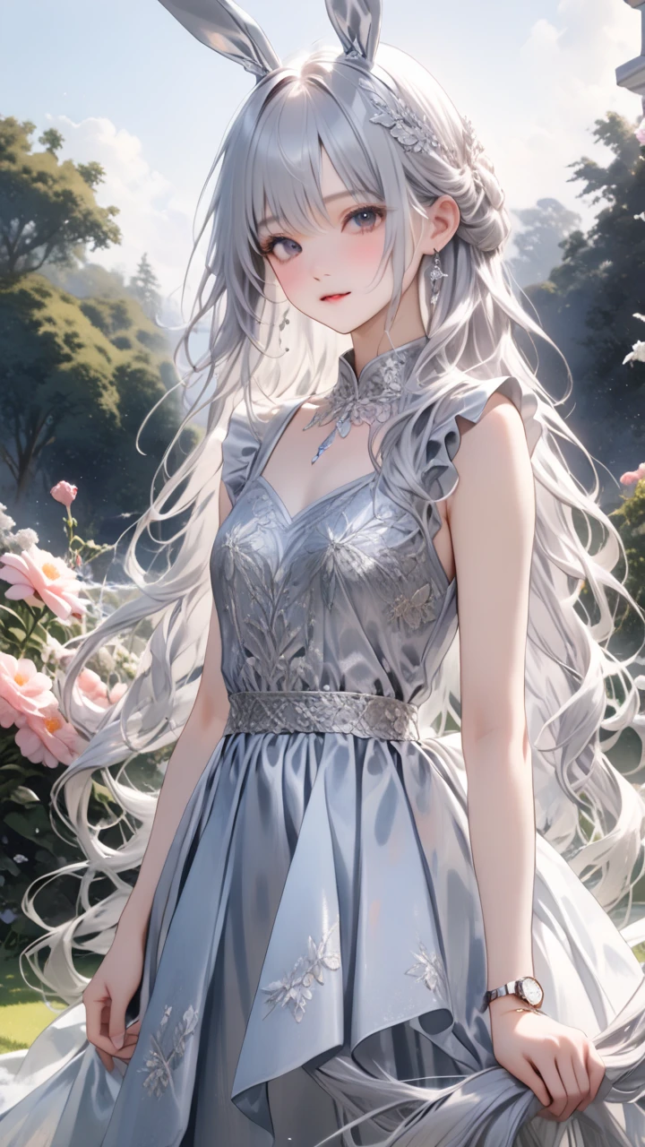  One Girl , Bunny Ears , (Delicate and beautiful silvery long hair:1.5,  Silver Hair:1.5), A variety of decorative clothes, Beautiful ornaments,  skirt ,  upper body, Outdoors, garden, flower,  on the lawn,  Watch Viewers , (masterpiece), ( top quality), ( ultra detail), Perfect piece, Moist Skin,  detailed information on dark black hair,  mysterious in another dimension, fantasy,Golden Bracelet\Upper arms