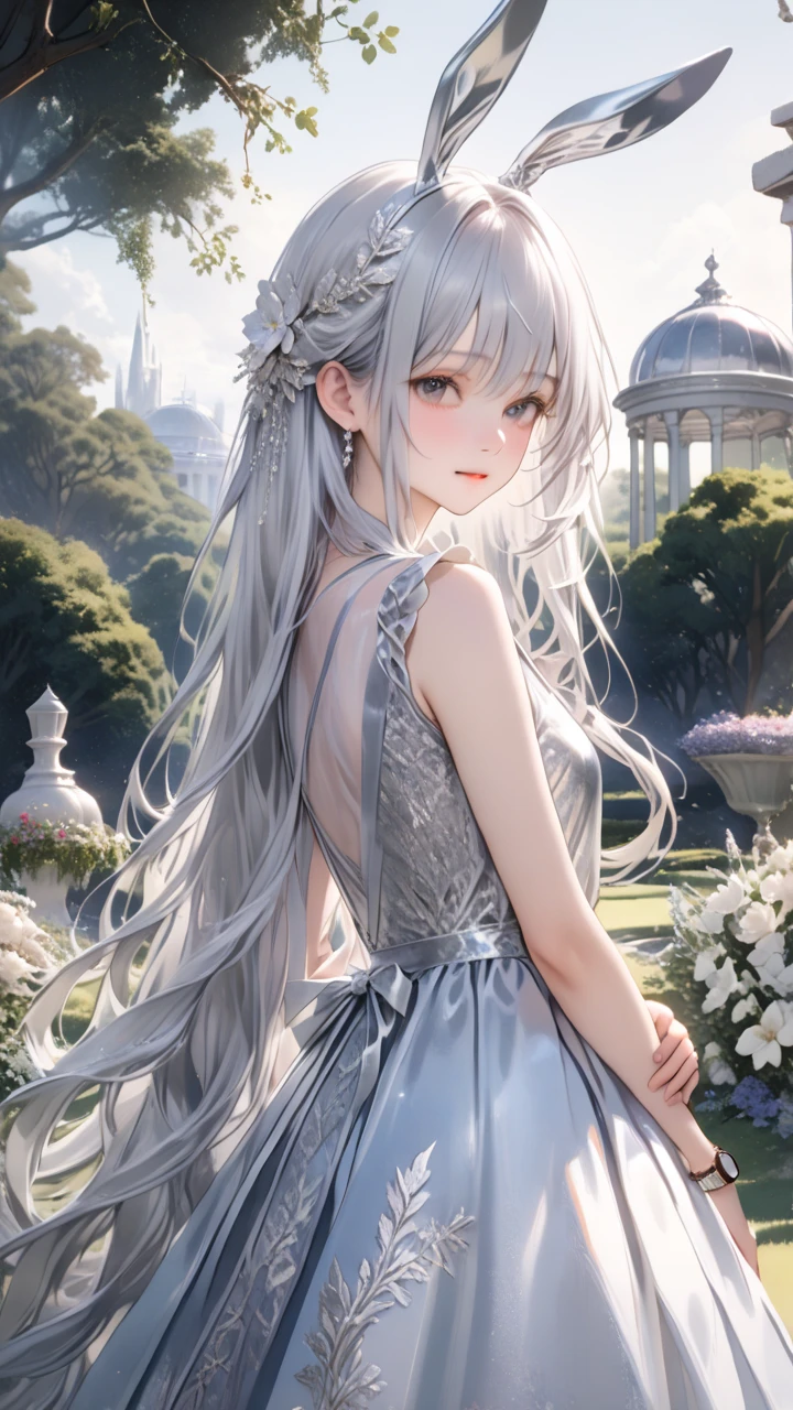  One Girl , Bunny Ears , (Delicate and beautiful silvery long hair:1.5,  Silver Hair:1.5), A variety of decorative clothes, Beautiful ornaments,  skirt ,  upper body, Outdoors, garden, flower,  on the lawn,  Watch Viewers , (masterpiece), ( top quality), ( ultra detail), Perfect piece, Moist Skin,  detailed information on dark black hair,  mysterious in another dimension, fantasy,