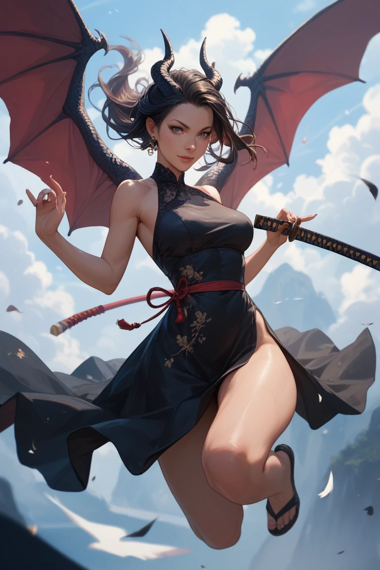 The woman is wearing a black dress, on the hand of a katana , she is flying on a black dragon