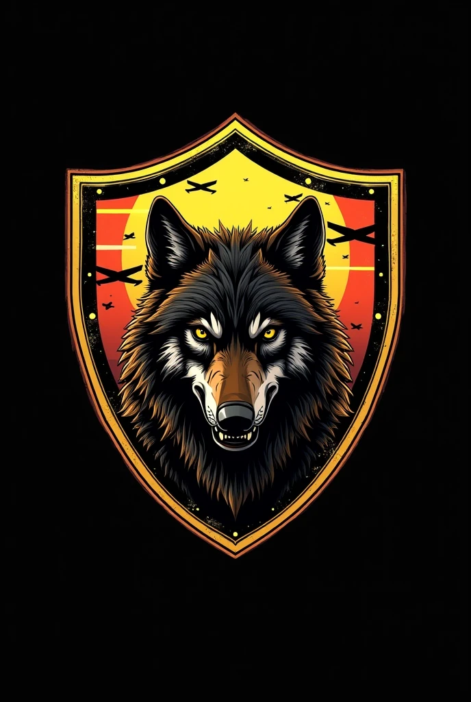 Create an image with a black background , that contains a shield with gold-like yellow edges , who inside the shield has a sunset-like sky between yellow and red with black twin planes and that inside the shield there is a full-bodied angry wolf, inside the same shield on the bottom is a motorcyclist