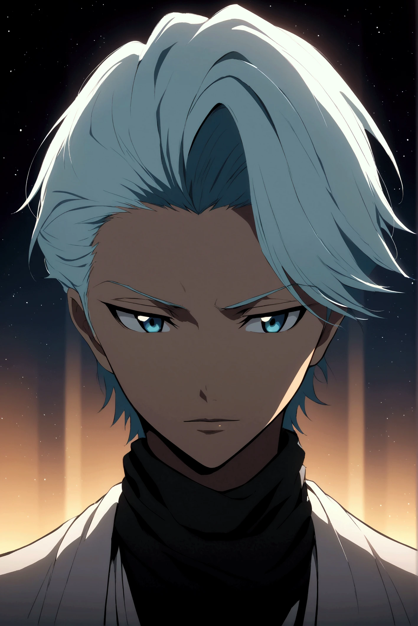 Portrait from afar, Toushirou Hitsugaya ( anime character from anime bleach ),  handsome man ,  Elegance , Confident,  dramatic composition , пепельные короткие волосы ,  Calm facial expression,  flowing scarf ,  black and white outfit , night sky, кусочки льда ( around character ),  mysterious atmosphere ,  cinematic perspective ,  Anime style 