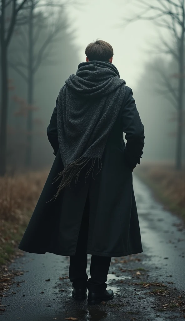 A completely invisible man with his back turned 、 wears an unhooded trench coat,  A beautiful scarf accentuates its presence ,  create a back that tells the story of a journey full of sorrow , The support of friends without substance 、 will ensure the warmth of the trench coat 