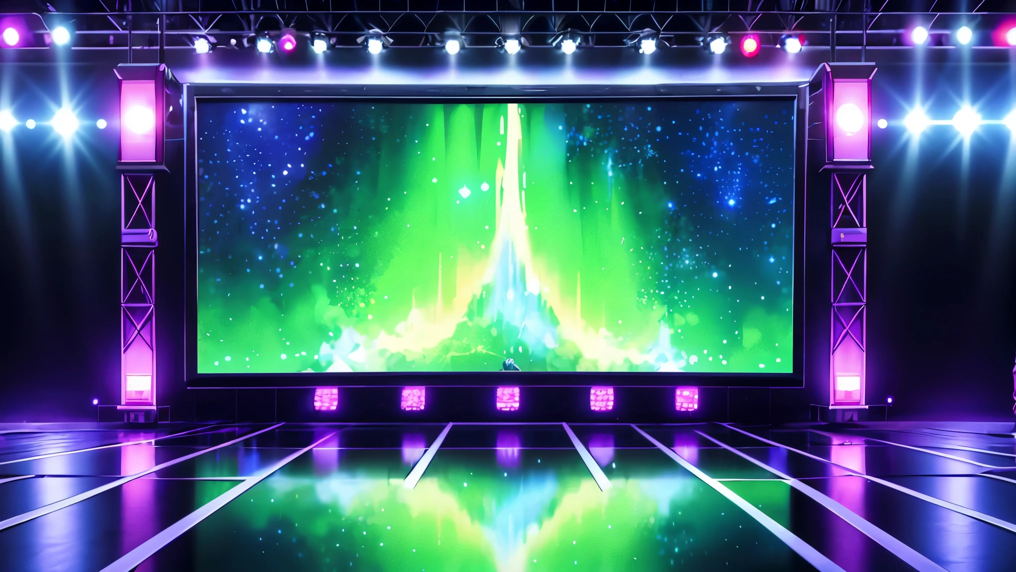 An anime-style stage with a reflective black surface, glowing neon edges, and several giant digital screens, resembling oversized televisions, positioned around the stage. The screens display vivid, dynamic images, such as a flowing waterfall or a starry sky, giving life to the scene. The lighting is soft and subtle, emphasizing the screens without revealing an audience or performers.