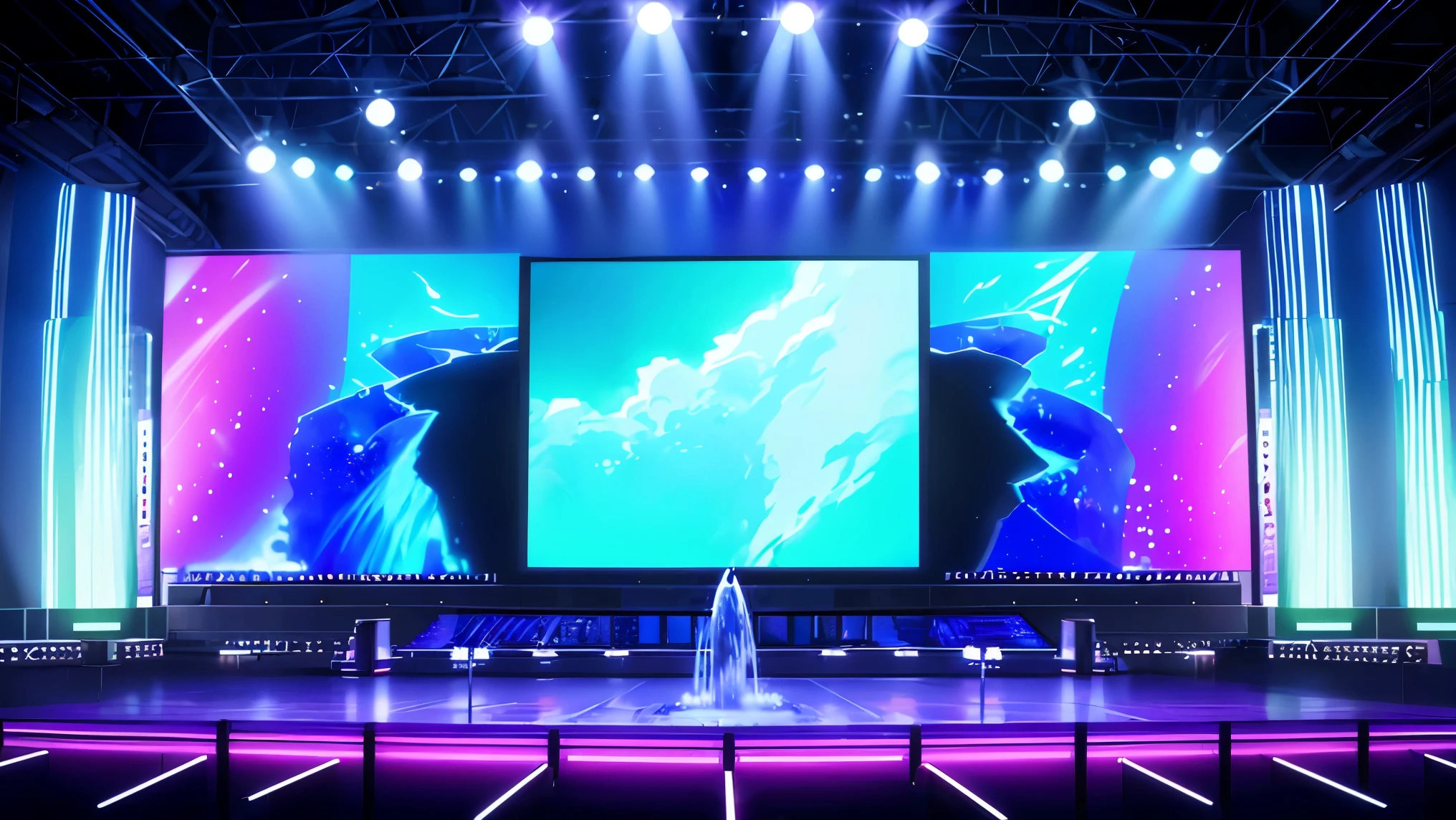 An anime-style stage with a reflective black surface, glowing neon edges, and several giant digital screens, resembling oversized televisions, positioned around the stage. The screens display vivid, dynamic images, such as a flowing waterfall or a starry sky, giving life to the scene. The lighting is soft and subtle, emphasizing the screens without revealing an audience or performers.