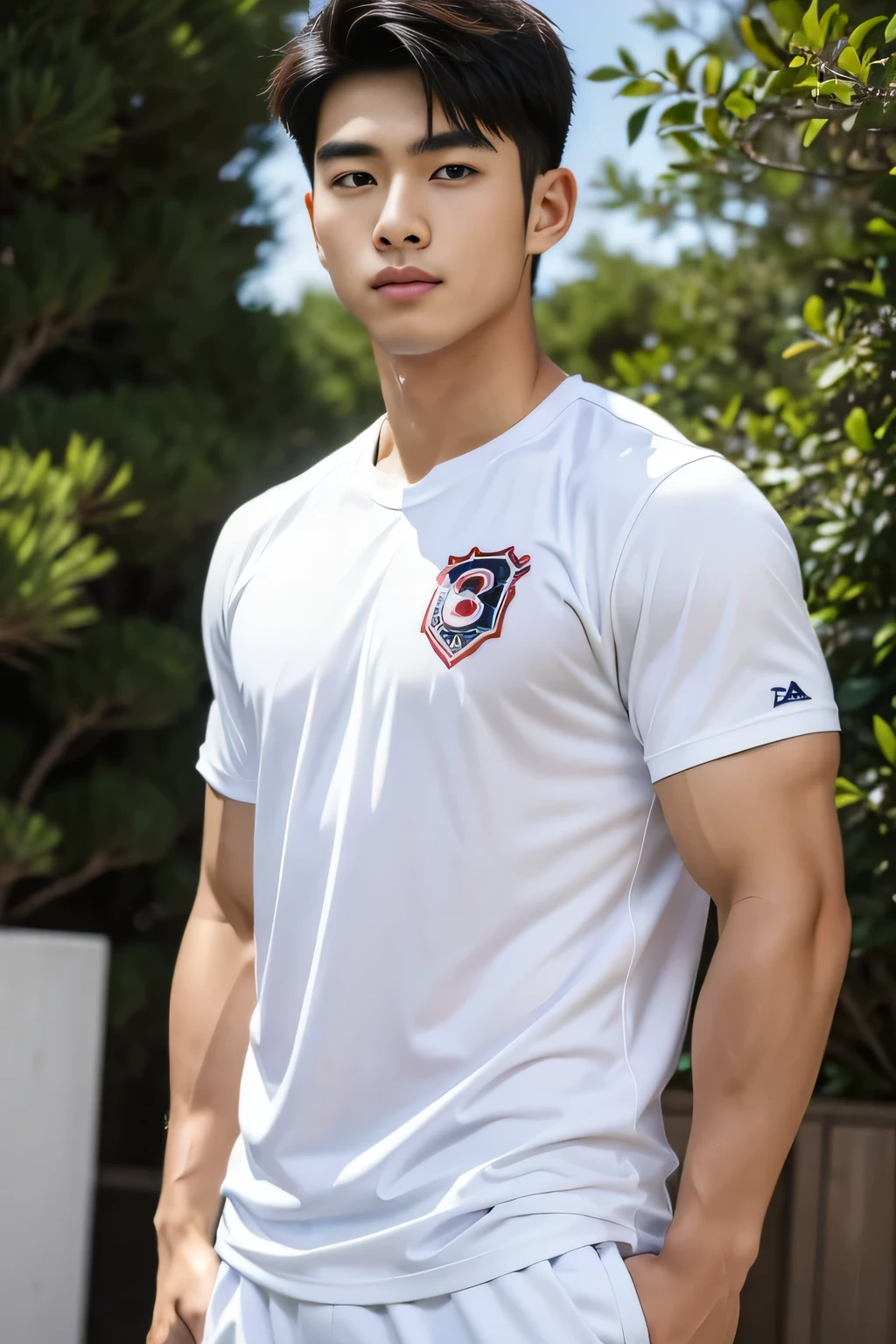 A young Asian man stands, handsome, muscular, looking at the camera. In a simple black t-shirt, Fieldside, grass, beach, sunlight