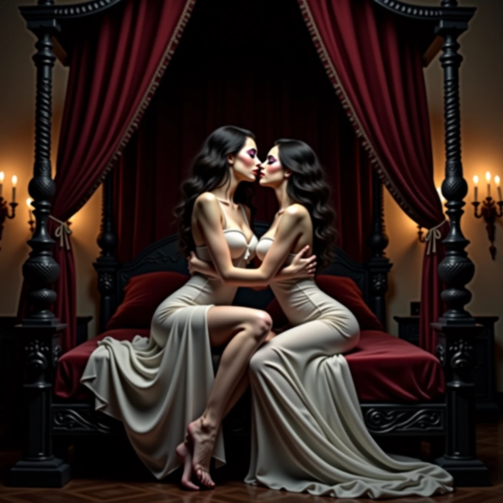luxury red room with curtains and huge round bed,2 elite prostitutes lying on bed, elite clothes, elite makeup, smoke in air, vintage filter:1.4, grain:1.4