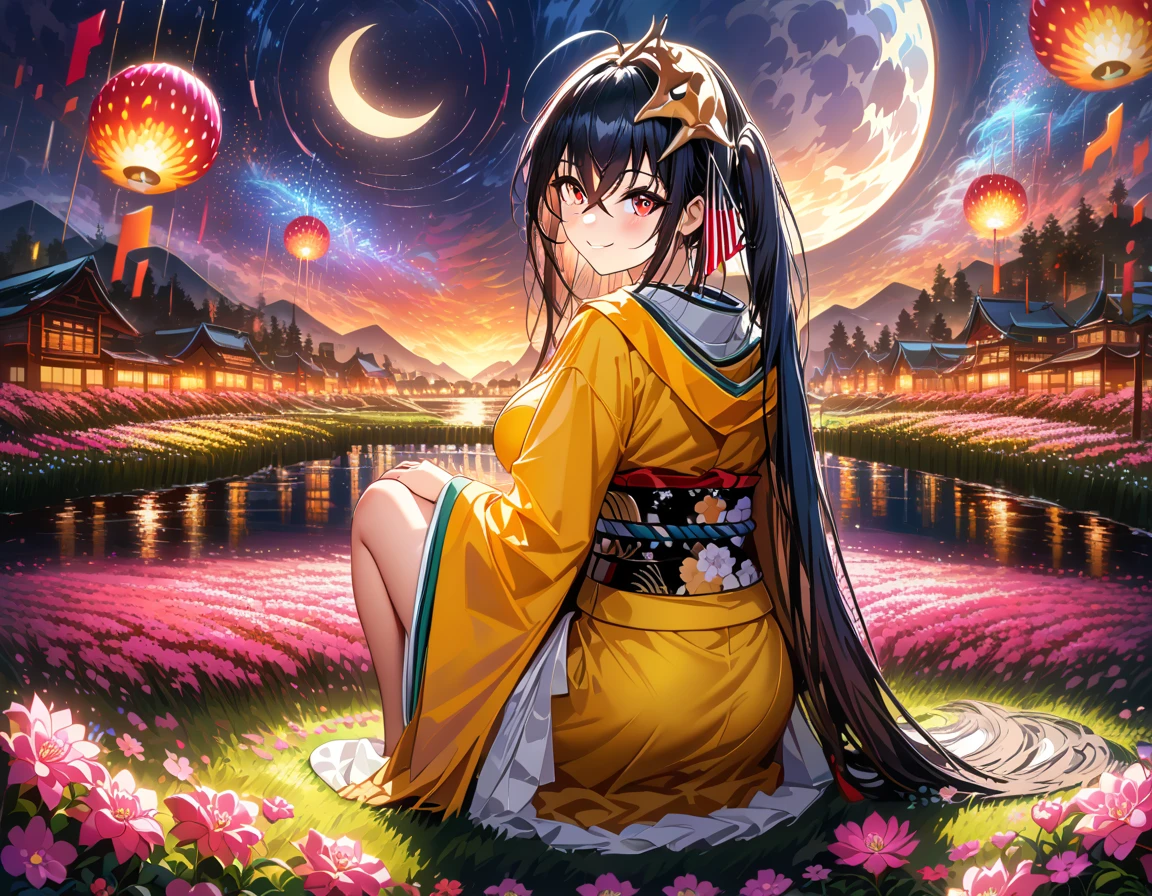 masterpiece,best quality, High score, absurdres, highly detailed, impressionism,a young girl, Taihou\(Azurlane\),Kimono, smiling,looking back at the viewer, highly detailed face, highly detailed eyes, blushing,full body, dramatic lighting,warm lighting, medium breast, squatting,looking athe the viewer,hair ornaments,inside of a flower field,pink azalea flowers, detailed landscape,night time,from behind,starry night sky,full moon, fire works