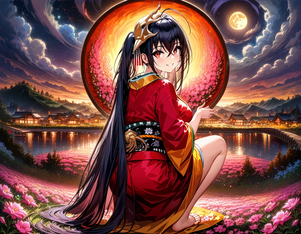 masterpiece,best quality, High score, absurdres, highly detailed, impressionism,a young girl, Taihou\(Azurlane\),Kimono, smiling,looking back at the viewer, highly detailed face, highly detailed eyes, blushing,full body, dramatic lighting,warm lighting, medium breast, squatting,looking athe the viewer,hair ornaments,inside of a flower field,pink azalea flowers, detailed landscape,night time,from behind,starry night sky,full moon, fire works