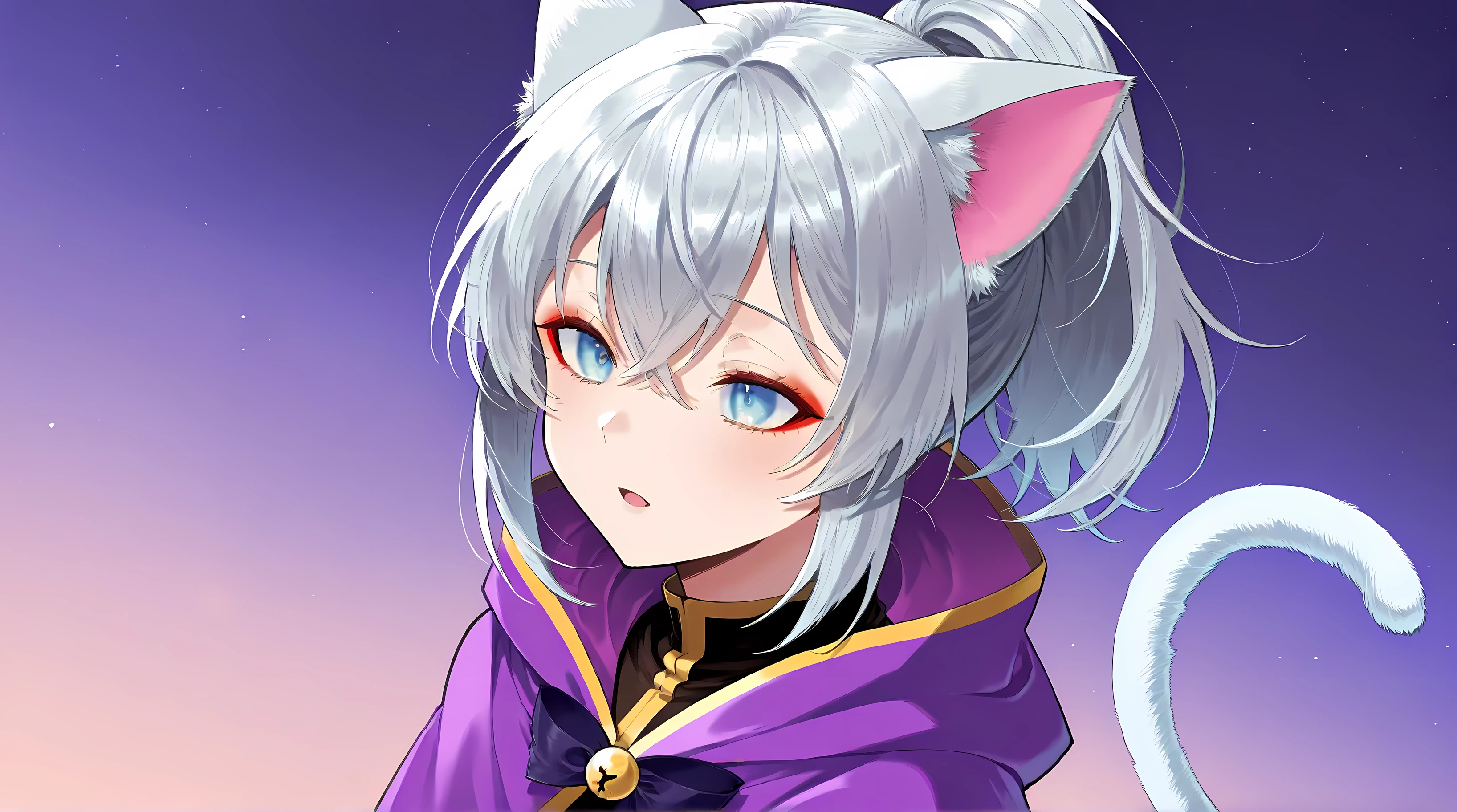 top quality、 more details、 High Resolution Illustration 、Ultra-high-definition CG、Cat ears、 Ponytail、Canine、 Witch Uniform、Gray Hair、Tail、Slanted Eyes、 light blue eyes、red eyeshadow、 eyeliner、 watching 、 One Girl 、chest