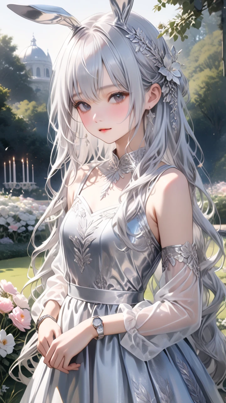  One Girl , Bunny Ears , (Delicate and beautiful silvery long hair:1.5,  Silver Hair:1.5), A variety of decorative clothes, Beautiful ornaments,  skirt ,  upper body, Outdoors, garden, flower,  on the lawn,  Watch Viewers , (masterpiece), ( top quality), ( ultra detail), Perfect piece, Moist Skin,  detailed information on dark black hair,  mysterious in another dimension, fantasy,Golden Bracelet\Upper arms