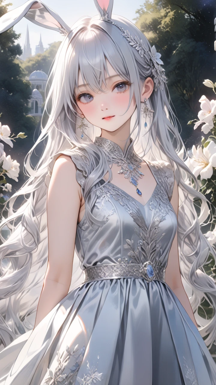  One Girl , Bunny Ears , (Delicate and beautiful silvery long hair:1.5,  Silver Hair:1.5), A variety of decorative clothes, Beautiful ornaments,  skirt ,  upper body, Outdoors, garden, flower,  on the lawn,  Watch Viewers , (masterpiece), ( top quality), ( ultra detail), Perfect piece, Moist Skin,  detailed information on dark black hair,  mysterious in another dimension, fantasy,Golden Bracelet\Upper arms