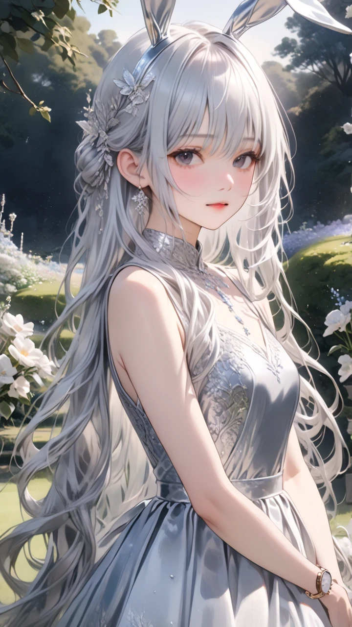  One Girl , Bunny Ears , (Delicate and beautiful silvery long hair:1.5,  Silver Hair:1.5), A variety of decorative clothes, Beautiful ornaments,  skirt ,  upper body, Outdoors, garden, flower,  on the lawn,  Watch Viewers , (masterpiece), ( top quality), ( ultra detail), Perfect piece, Moist Skin,  detailed information on dark black hair,  mysterious in another dimension, fantasy,Golden Bracelet\Upper arms