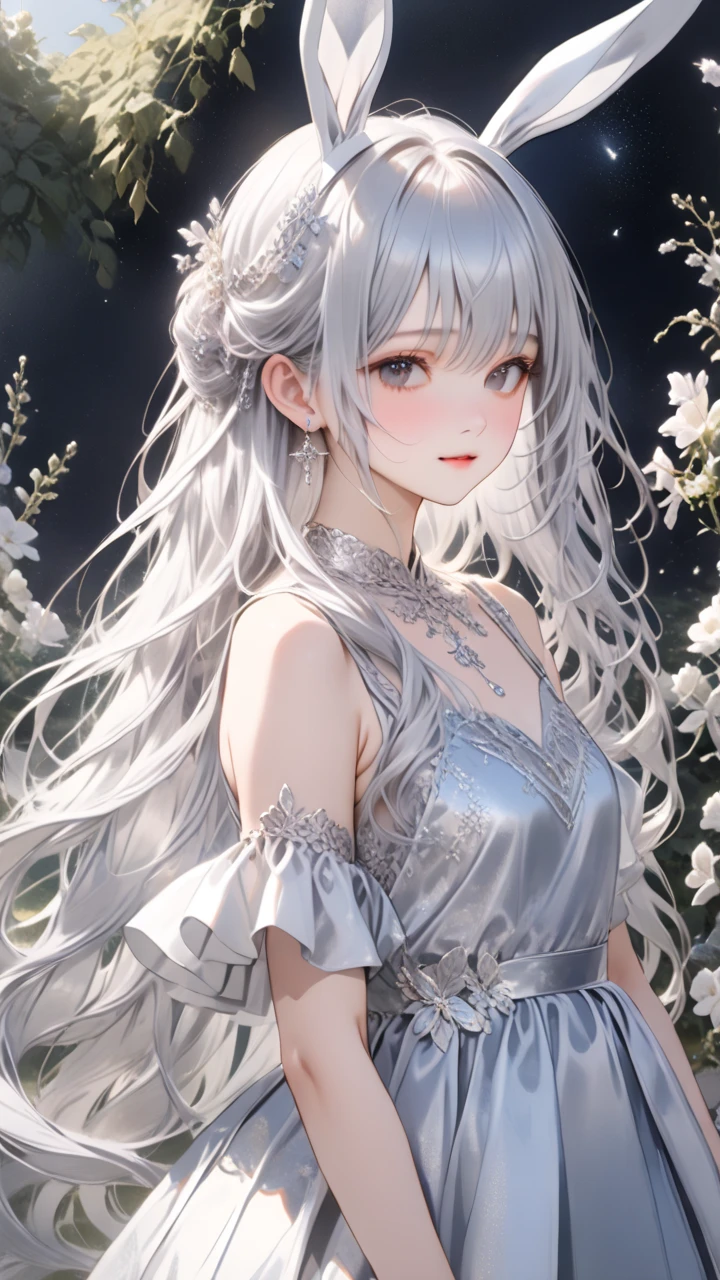  One Girl , Bunny Ears , (Delicate and beautiful silvery long hair:1.5,  Silver Hair:1.5), A variety of decorative clothes, Beautiful ornaments,  skirt ,  upper body, Outdoors, garden, flower,  on the lawn,  Watch Viewers , (masterpiece), ( top quality), ( ultra detail), Perfect piece, Moist Skin,  detailed information on dark black hair,  mysterious in another dimension, fantasy,Golden Bracelet\Upper arms