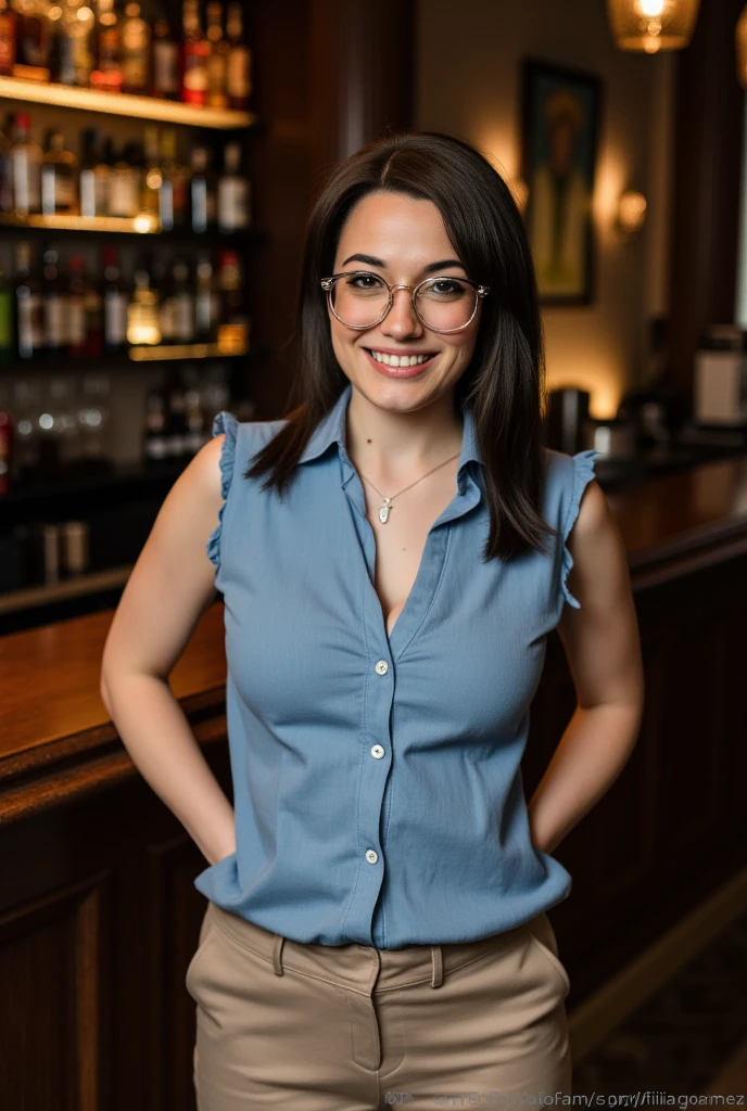 1girl, solo, photorealistic, realistic, long hair, ((ugly:1.5)), middle age, 50-year-old woman, wrinkles on her face and body, Caucasian woman, straight nose, dark brown hair, diamond face shape face, Wwhite skin, thin lips, monolid eyes, straight forehead, (medium shot, half body), ((wearing black vest, white high-waisted baggy pants)), (smiling, candid, laughter, laughing), standing, background: The Roof Bar at the Inspire Theater in Las Vegas in Nevada, bar counter, neon signs, night, evening