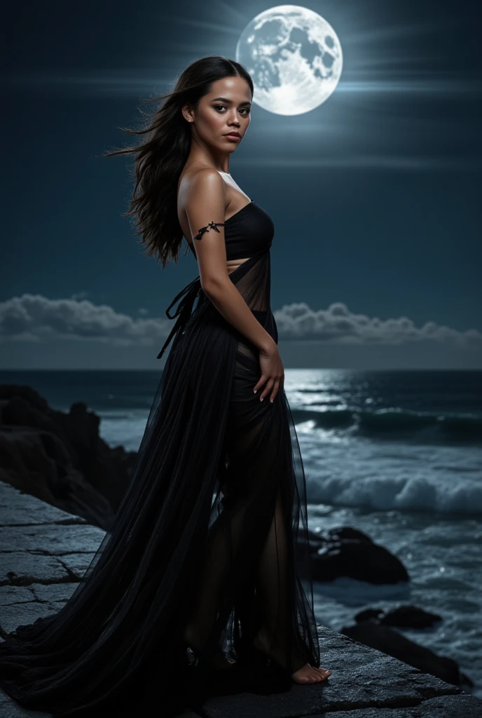 Create a high-resolution, photorealistic portrait of Jenna Ortega, activated by the keyword j3ennaort3ga, immersed in a spellbinding scene that perfectly captures the essence of 'Sexy-Hot Girl' with a confident pose. As Jortega:1.5, Jenna is draped in a black saree that flows like wisps of smoke, its layers billowing gracefully in the breeze, revealing fleeting glimpses of her ethereal form beneath. The saree is rendered with delicate transparency, akin to see-through skin, maintaining its elegance and grace.

The scene is set against a backdrop of a luminous full moon, majestically hanging in the night sky, casting a soft, silvery glow that accentuates Jenna's features. The moon is large and full, perhaps with subtle atmospheric effects like moonbows or ethereal light beams, enhancing the mystical ambiance.

Jenna stands on a cliff overlooking a moonlit sea, with waves crashing dramatically below, adding to the scene's drama and allure. The wind from the ocean gently lifts the saree, creating dynamic folds and flows that add visual interest and movement to the portrait.

Her facial features are enhanced to radiate captivating allure, with mesmerizing eyes that seem to hold a thousand stories, smoldering with intensity and a hint of mischief. Her expression is alluring, perhaps with a subtle smile that plays on her lips, inviting the viewer to delve deeper into her enchanting world.

Jenna's pose is confident and powerful, standing tall with a three-quarter turn, one hand resting gracefully on her hip, exuding self-assurance and seduction. Her posture commands attention, embodying both strength and grace.

The style of the portrait is inspired by Charlie Bowater's evocative and vibrant approach, infusing the image with rich colors and deep atmospheric qualities. Despite the predominance of black in the saree and silver in the moonlight, there are subtle accents of color, perhaps in the way the moonlight interacts with the saree, creating areas of deep shadow and hig