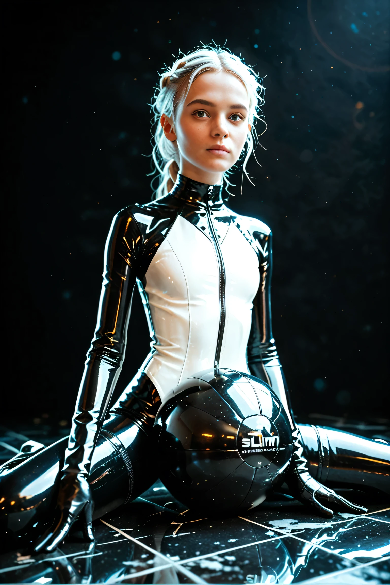 view on whole body, sitting on big black rubber ball, one teenager skinny white girl in thin oiled seamsless fullbody silver catsuit, gloves, catears, slimy floor, dark background, spot light on legs