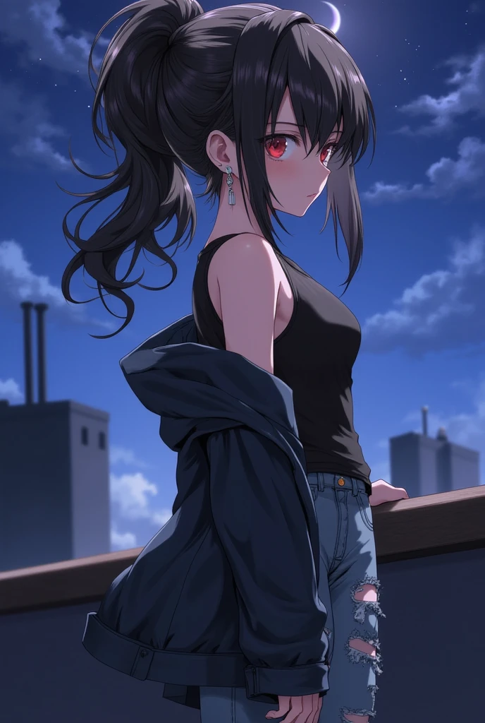 (Source_anime), night time, rooftop, half moon, girl wearing a tanktop, ripped jeans, wearing open jacket, side view, serious face expression, ponytail hairstyle, red eyes, standing, anime style