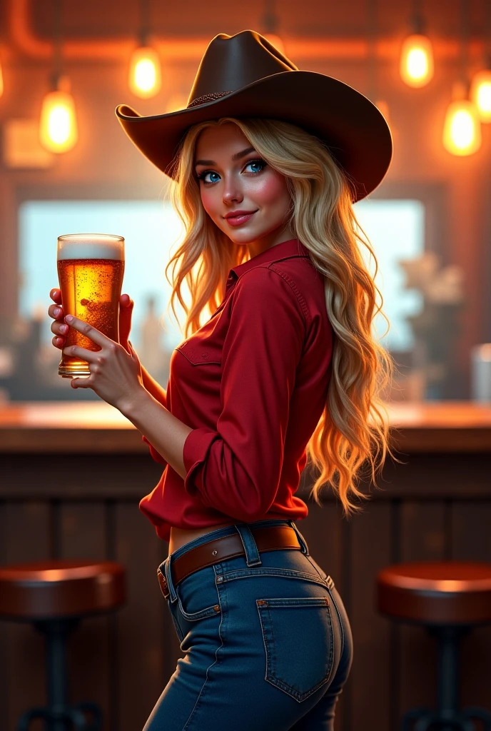 pin-up for 30 years.Bruno Lebrun +Mark Newman, naked young lady on a beer barrel, wild laughter, eyes in a bunch!