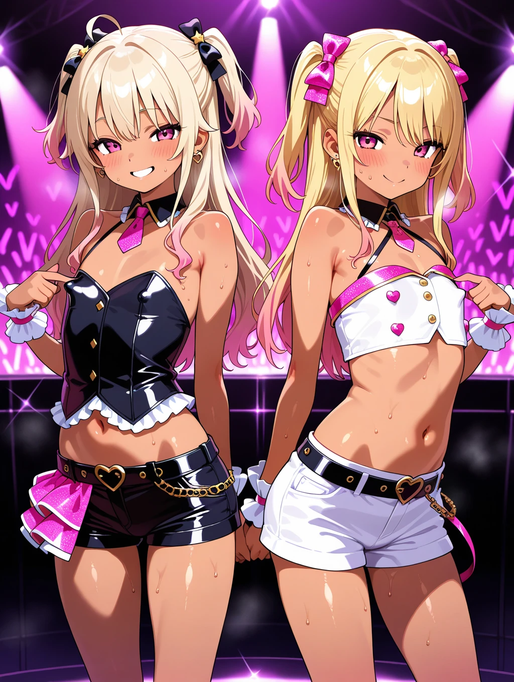 masterpiece, best quality, (3 girls:1.5), nice hips, slut, slutty bimbo clothes, medium breasts, smile, slut, young girl, bratty girl, wide hips, (white crop top), (white shorts), midriff, hip sway, slutty dancing, (nightclub), neon lights, many male, surrounded by men, multiple men, thong, (nightclub:1.5), neon lights, detailed eyes, pink and white outfits, blonde,
