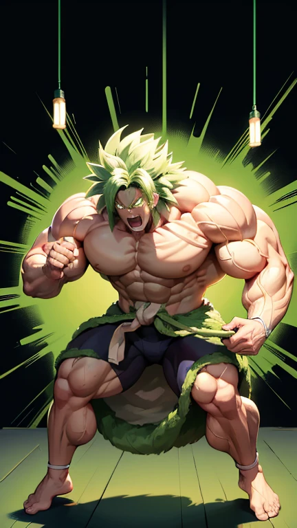 (A detailed drawing of broly , Bodybuilding-Wrestlingring.), With a naked torso, oiled body, Ripping clothes, the strongest of all, huge muscular body, big Bizeps, big shoulders, Muscle legs,abs, Barefoot, Sole of foot, Martial arts, high step, Full body image, side chest,oil Wrestling match won , beserk, dynamische aktion, Submission, Suplex Wrestling move, Lifting 