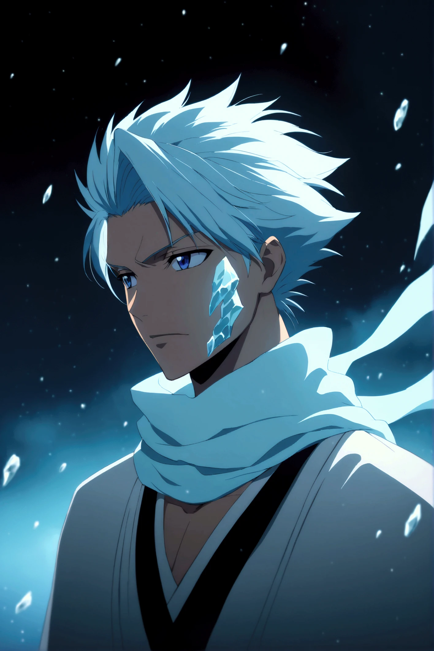 Portrait from afar , Toshiro _ Hitsugaya  ( anime character from the anime Bleach),  handsome man , elegance, Confident,  dramatic composition ,  ashy short hair ,  Calm facial expression,  flowing scarf ,  black and white outfit , night sky,  frosty atmosphere , fragments_Ice ( around character ), ice, cold,  mysterious atmosphere ,  cinematic perspective,  anime style