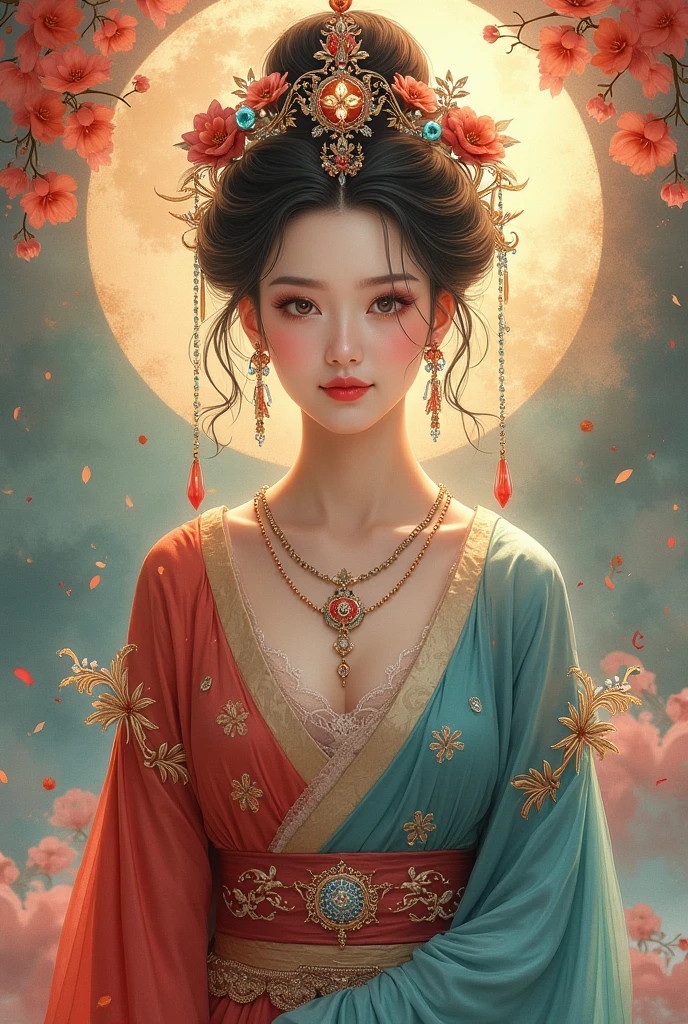 A beautiful oriental goddess、A fusion of ink painting and vivid watercolor、magnificent、Jewelry、masterpiece、　