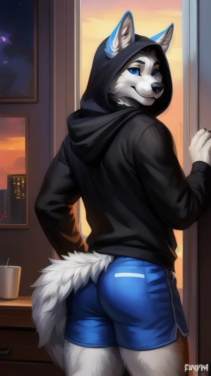 by personalami, by place, by kenket, by taran violinist, male, alone, antro (fox), (fnaf), (sly), Adult, Photorealistic, Hyper realistic, ultra-detailed, natural pose, (muscular, burly), (( run)), ((safety short hoodie:1.2)), (furry), ((butt view)), (detailed background, hallway), ((mature male)), father figure, mature male, hunk , daddy, dilf, ((highly detailed clothing)), ((Highly detailed tail)), ((from behind)), ((highly detailed skin texture)), ((highly detailed hands)), ((highly detailed hands) well drawn)), ((down hoodie)), ((very detailed lighting)), ((natural lighting)), ((black boxers)), ((security guard cap)), ((Night )), ((dark)) A semi-medium long flaccid penis with foreskin visible, testicles,