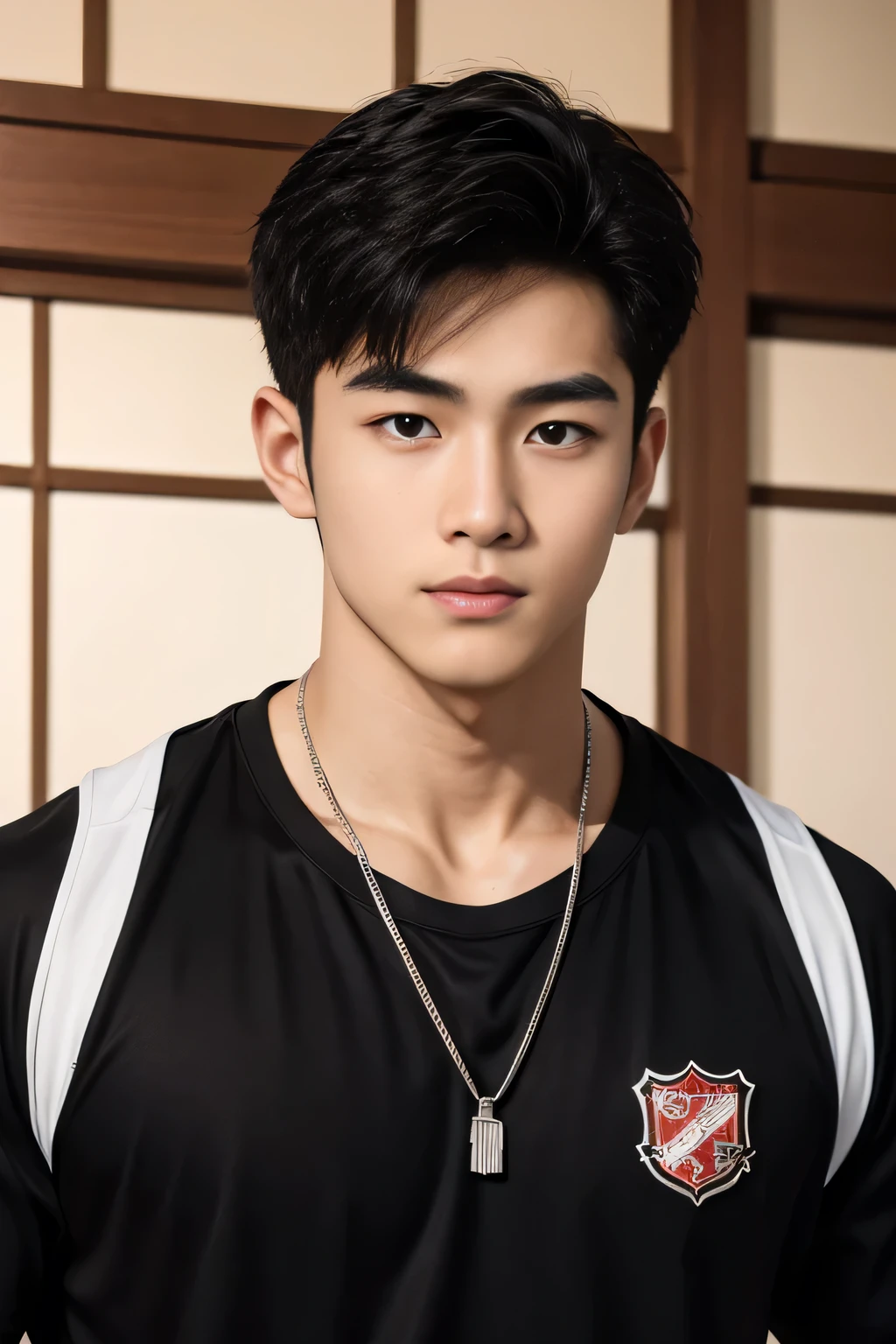 18-year-old male、 Japanese、 handsome、 macho、 athletes、Black clothes