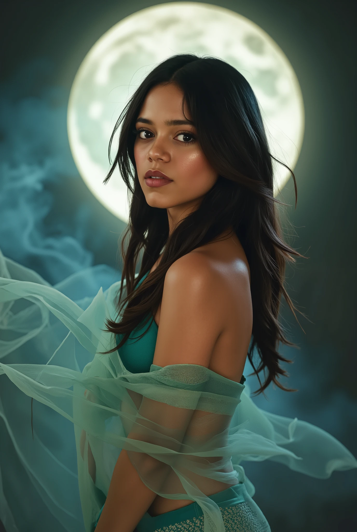 Generate a sharp, photorealistic portrait of Jenna Ortega, referred to as Jortega:1.5, wearing a black saree that billows like smoke, revealing glimpses of her ethereal form beneath. Set against the backdrop of a luminous full moon, the scene exudes an aura of mystery and allure. Jenna's facial features are enhanced to radiate a captivating allure, with mesmerizing eyes and an alluring expression that draws viewers in. Channeling the evocative style of Charlie Bowater, the portrait is infused with rich, vibrant colors that evoke a sense of depth and atmosphere. Every element of the portrait reflects a harmonious balance between realism and fantasy, creating an award-winning masterpiece. Use 'j3ennaort3ga' to ensure the portrayal is accurate to Jenna Ortega's features. The final image should be a high-resolution, photorealistic photo with pixel-perfect skin texture. Capture Jenna in a three-quarter angle, with soft, ethereal lighting that highlights her features and the flowing saree. Surrounded by a faint aura of magic, suggesting a connection to the mystical elements of the scene. The saree appears delicately transparent, akin to see-through skin, yet maintains its elegance and grace. Jenna strikes a confident pose, exuding sexuality and allure, embodying the theme of a sexy-hot girl.