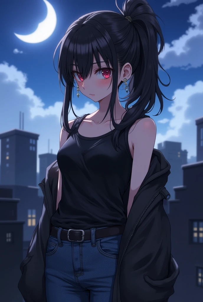 (Source_anime), night time, rooftop, half moon, girl wearing a tanktop, jeans, wearing open jacket, serious face expression, ponytail hairstyle, bangs, red eyes, standing, anime style, tears in eyes, 