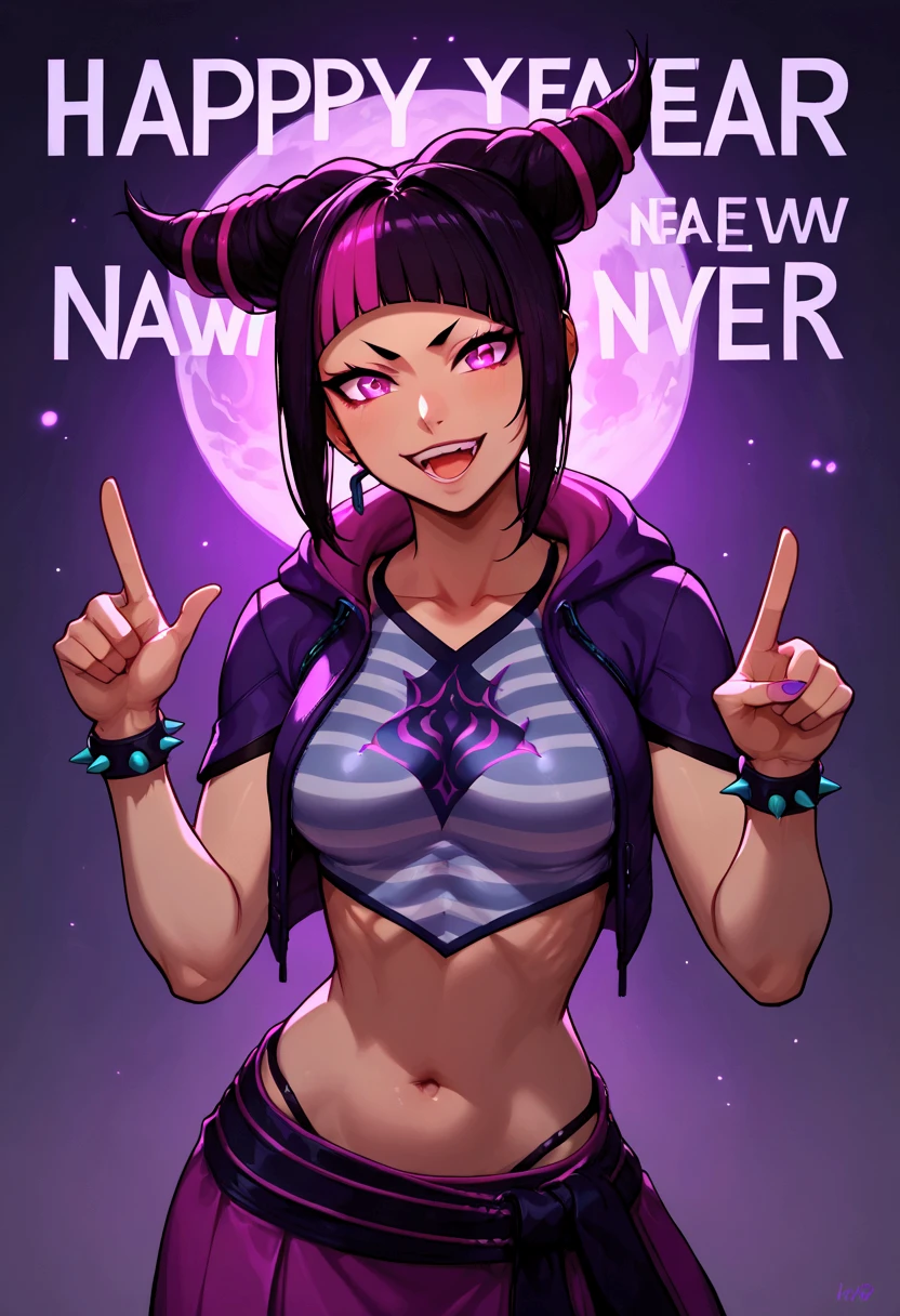 Anime style, the streets at midnight background, new Year , new year, 1girl, adult girl, Juri Han, purple hoodie vest, blue and white striped crop top with short sleeves, navel, wear purple mini skirt, "Happy New Year 2025" written above the girl's head, both hands pointing upwards