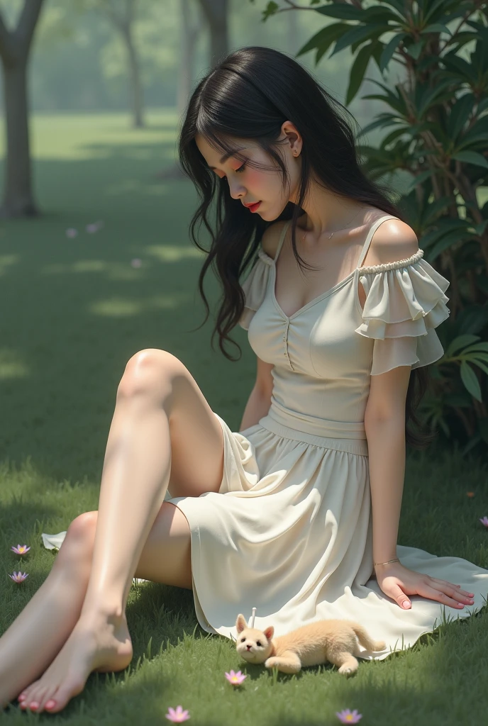 concept art, full body, sitting on ground, detailed face and eyes, small chest, hips, look at viewer, standing in center, SEDUCTIVE, shy blush face, sexual expression, 1 Indian girls, wearing sexy small strapless dress, dress falling on ground, falling dress,  bare shoulder, chest exposed, in the garden, unconcerned, NSFW, quality, contrast, dark, little chubby,
