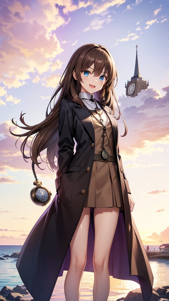 black long coat, very beautiful teenage tall girl,(16k, super high resolution , top quality,masterpiece, super detailed, Highly Detailed Facial Features,  perfect face,  Perfect Eyes , anatomically correct body), Straight hair& high twintail,blue eyes, hair between eyes, ((light brown hair:1.3)), school uniform, white shirt,break,red pleated skirt,break, purple tie, Tree Eyes,((:d:1.3)),(( sunset sky:1.3)),((Ocean and horizon at the back of the screen:1.3)),((clock
tower:1.3)),front shot, looking at camera,standing on stone bridge,looking up, lots of seagulls flying in the sky,evening,((Pocket watch:1.3))