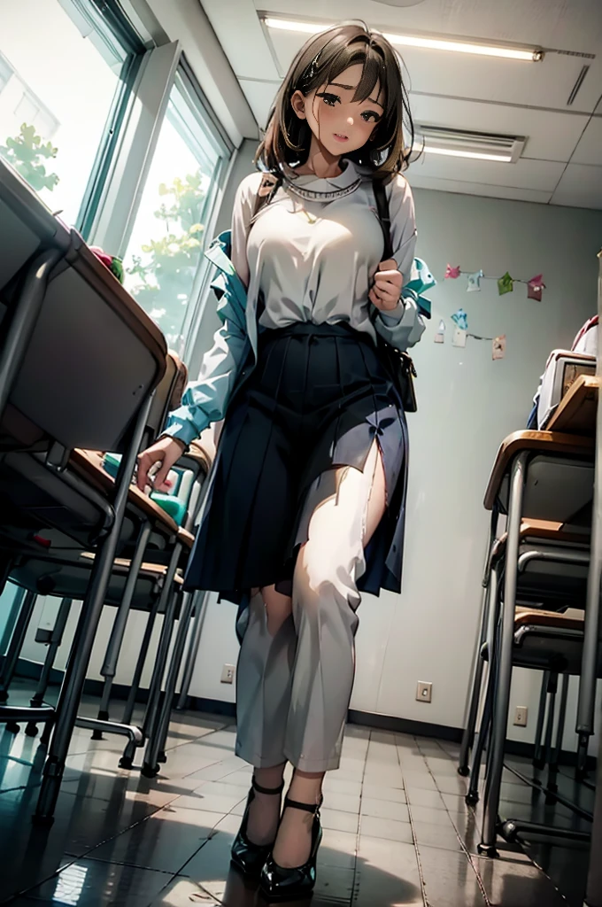 The female teacher pees during class 、 The female teacher pees in front of the students 、The female teacher is upright 、 The female teacher is soaked in her lower body with her own 、 she is a very beautiful female teacher 、 I'm a Japanese woman 、 the female teacher has amazing adult appeal 、 has a perfect figure 、 The female teacher is extremely embarrassed by peeing unpleasantly in front of the students、 The female teacher and students are in the classroom 、A lot of 、White Suit、White Pants、White high heels 、 The female teacher is wet with her own I'm shocked to see 、 the female teacher is blushing and embarrassed 、low_angle_human、The female teacher is tall 、There is only one female teacher peeing 、a hand in her
