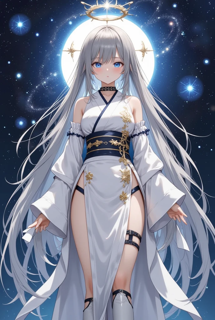  fresh illustration ,
Superfine painting,
 top quality,
 very delicate illustration ,
 Very fine details ,
 Beautiful Attractive Anime Women ,
 A Seductive Anime Girl,
 more details,
 beautifully refined,
Illustration of a girl,
 full body view,
Height: 158cm,
Fair skin,
 The right eye is blue and the left eye is purple, showing complete heterochromia,
 large black pupils ,
 beautiful eyes,
 super long hair,
 shiny hair ,
 The roots of the hair are blue and the others are gray ,
 The hair has a gradient
The forehead is exposed,
 pretty and cute face ,
Cheeks are ruddy,
 A small, shiny halo is floating on the back of the head,
Lowering the eyebrows,
 since age 27,
The upper half of the body is in a traditional Japanese kimono,
Overall white clothes ,
 lower body Nadres ,
The color of the belt is black ,
 The design is tastefully embroidered with gold thread,
 fine fabric clothing ,
 Super Big Breasts ,
 garter belt from behind,
 thigh strap ,
 thigh strap は肌に食い込んでいる,
 white long boots,
 Thin Waist,
Thick thighs,
Isometric,
Golden Ratio,
god々 like atmosphere,
 The undershirt is indigo-colored with a stand-up collar,
 outer space ,
There are multiple galaxies ,
Little Star々 upper body ,
 tactical use of shadows ,
 The hair and the halo on the head do not extend beyond the frame,
Clothes don't stick out of the angle of view ,
 waist shot ,