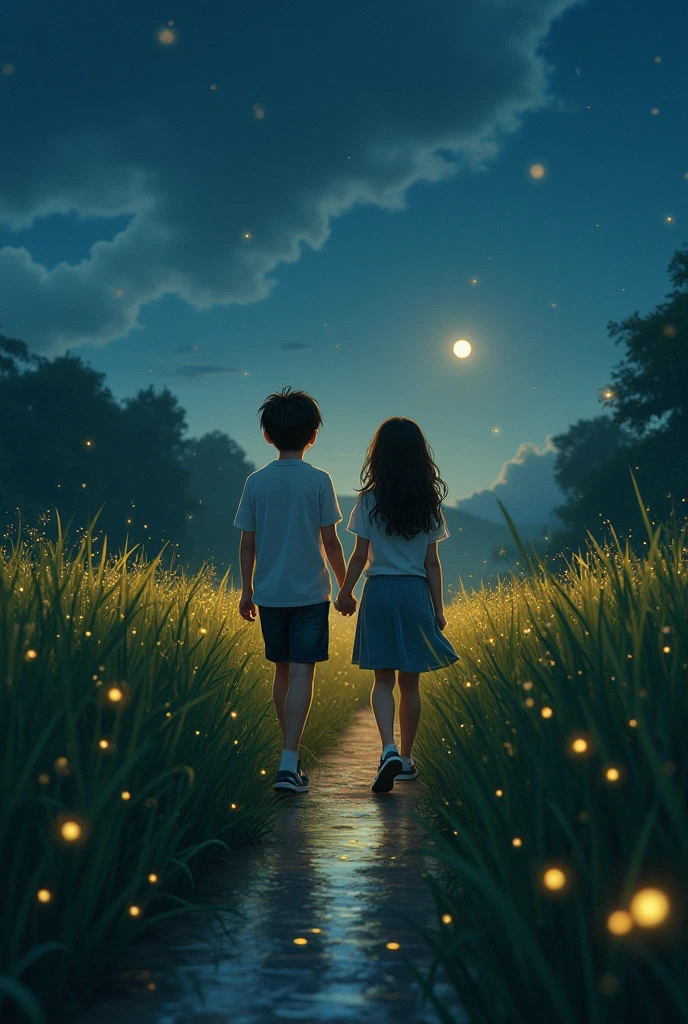 A girl and a boy sit in a garden. Night time photo