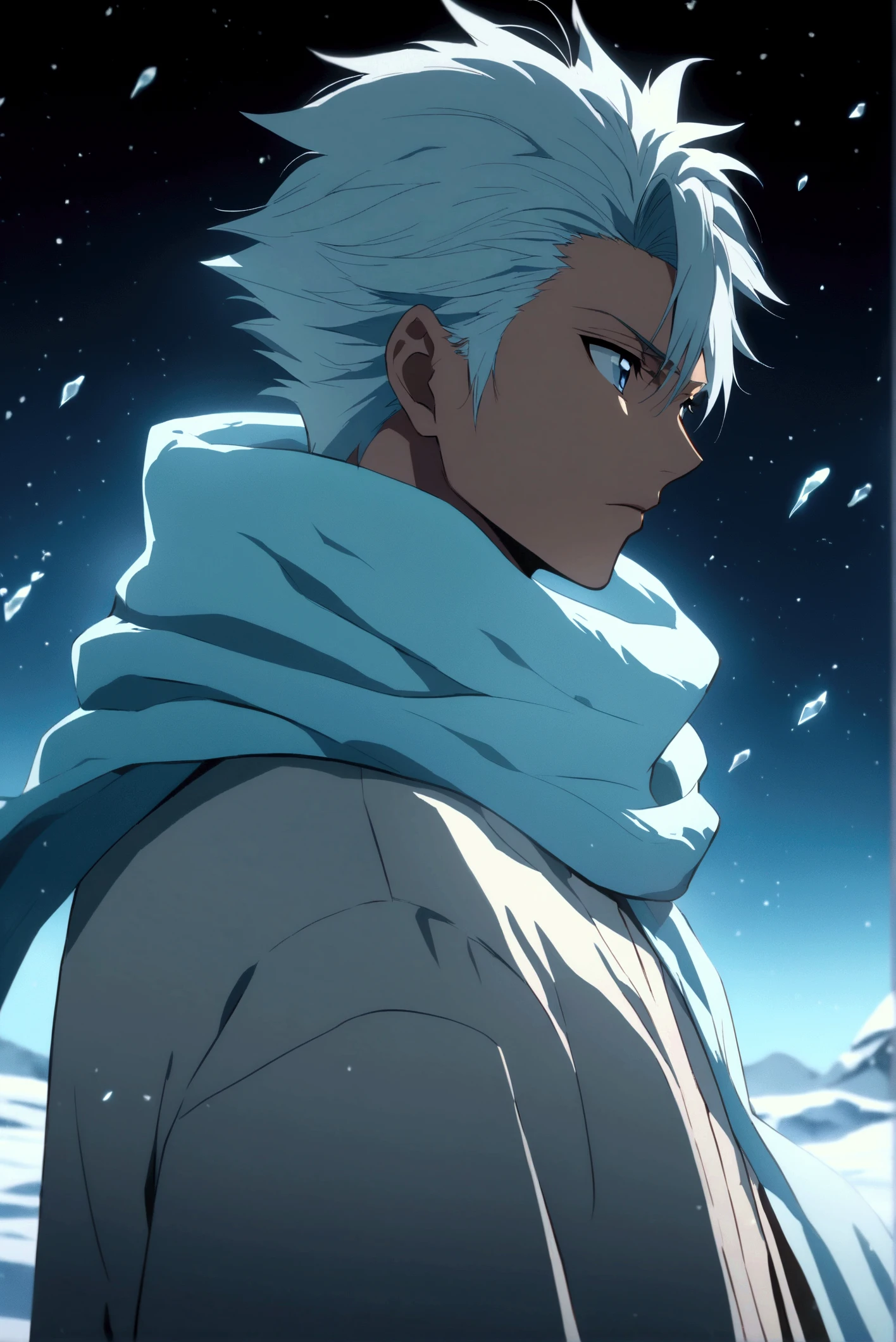 Portrait from afar , Toshiro _ Hitsugaya  ( anime character from the anime Bleach),  handsome man , elegance, Confident,  dramatic composition ,  ashy short hair ,  Calm facial expression,  flowing scarf ,  black and white outfit , night sky, frostная атмосфера, fragments_Ice ( around character ), много Ice, cold, frost,  cinematic perspective,  anime style