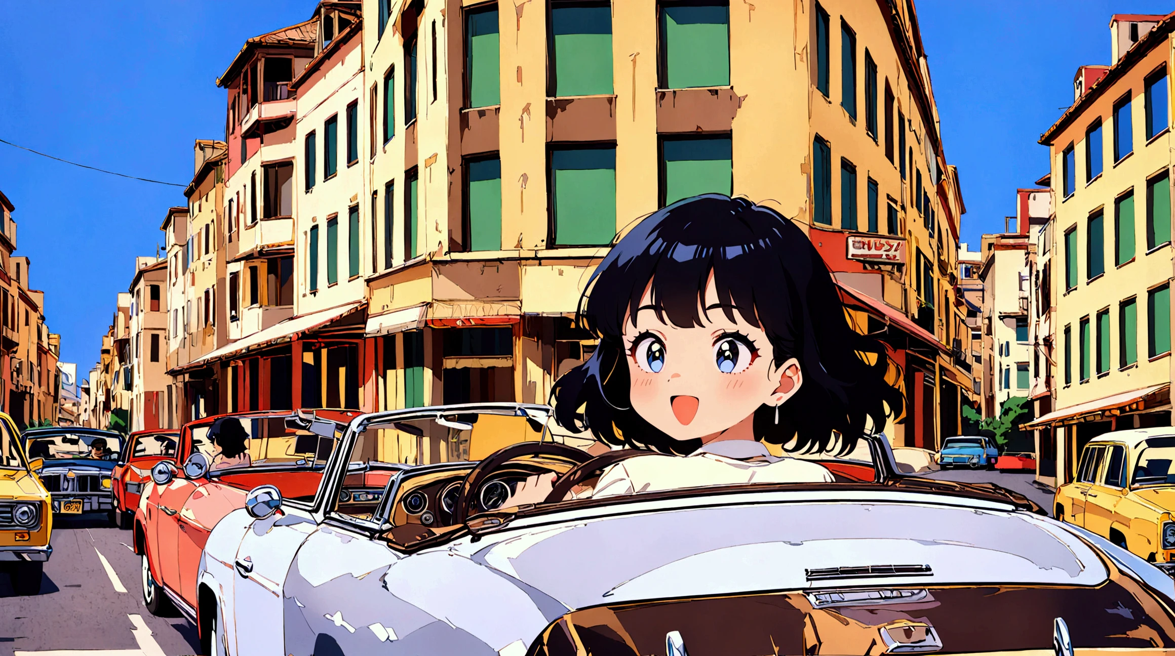  1980s city pop style。 has black hair２０An animated image of a woman in her generation riding a convertible car 。