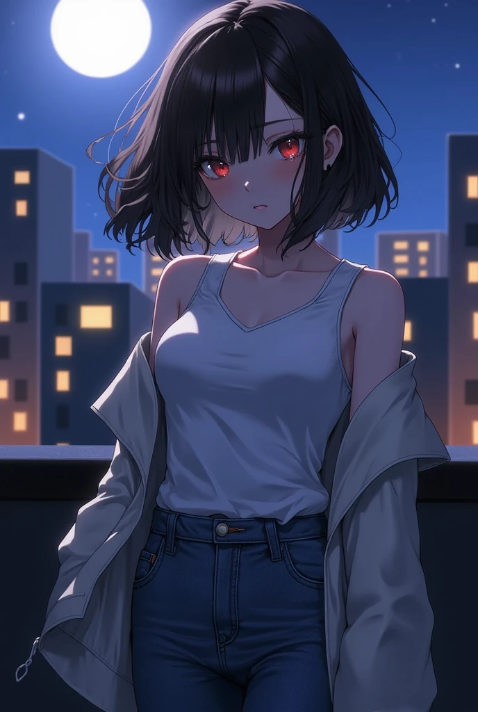 (Source_anime) young woman, night time, rooftop, half moon, girl wearing a tanktop, jeans, wearing open jacket, serious face expression, bob hairstyle, bangs, red eyes, standing, anime style, tears in eyes, 