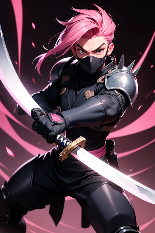 a young muscular teen male ninja wearing a tight black body suit with light armour coloured with pink trim, he has spiked pink hair with his lower face covered by a mask, standing ready in attack stance, his katana held in his right hand with the the blade pointing upwards