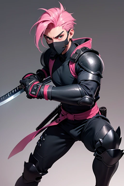 a young muscular teen male ninja wearing a tight black body suit with light armour coloured with pink trim, he has spiked pink hair with his lower face covered by a mask, standing ready in attack stance, his katana held in his right hand with the the blade pointing upwards